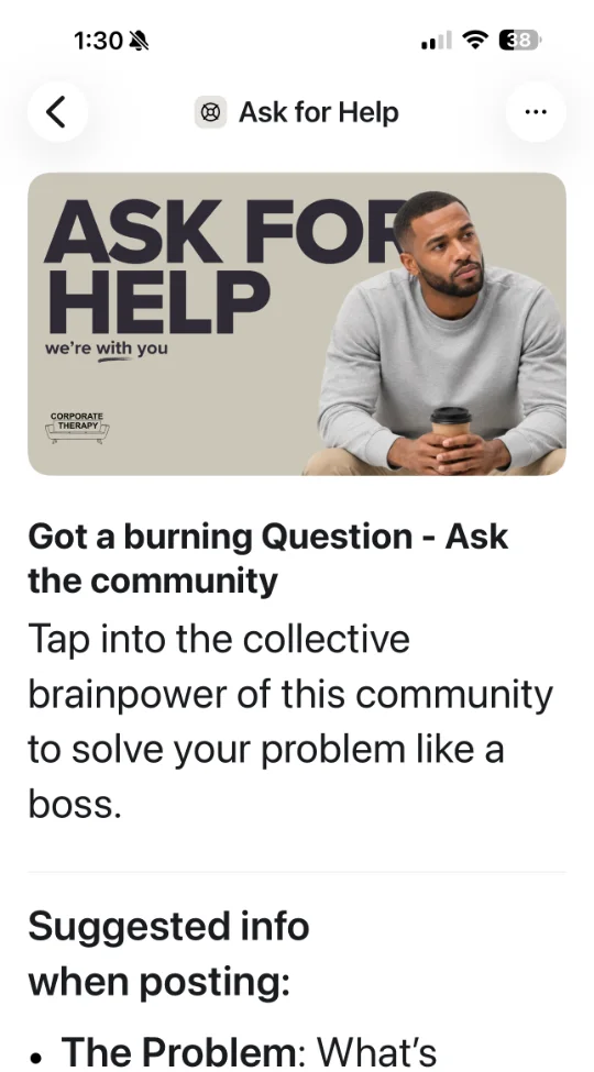 The Ask for Help space, inside the Corporate Therapy community