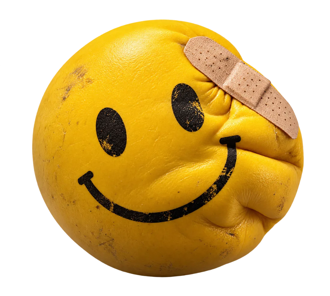 A squashed yellow stress ball with a bandage